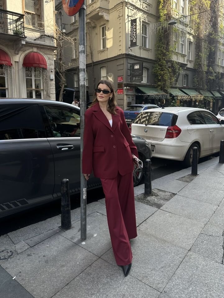 Düğme Detaylı Pensli Blazer Takım Bordo S