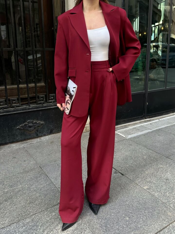 Düğme Detaylı Pensli Blazer Takım Bordo S