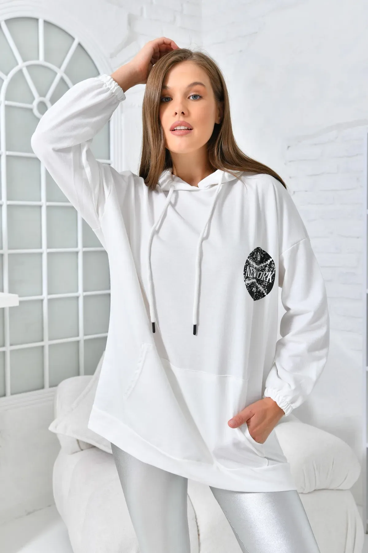 Newyork Baskılı Cepli Sweatshirt Beyaz XL