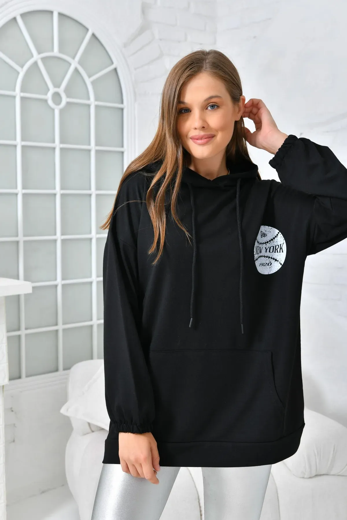 Newyork Baskılı Cepli Sweatshirt Siyah XL