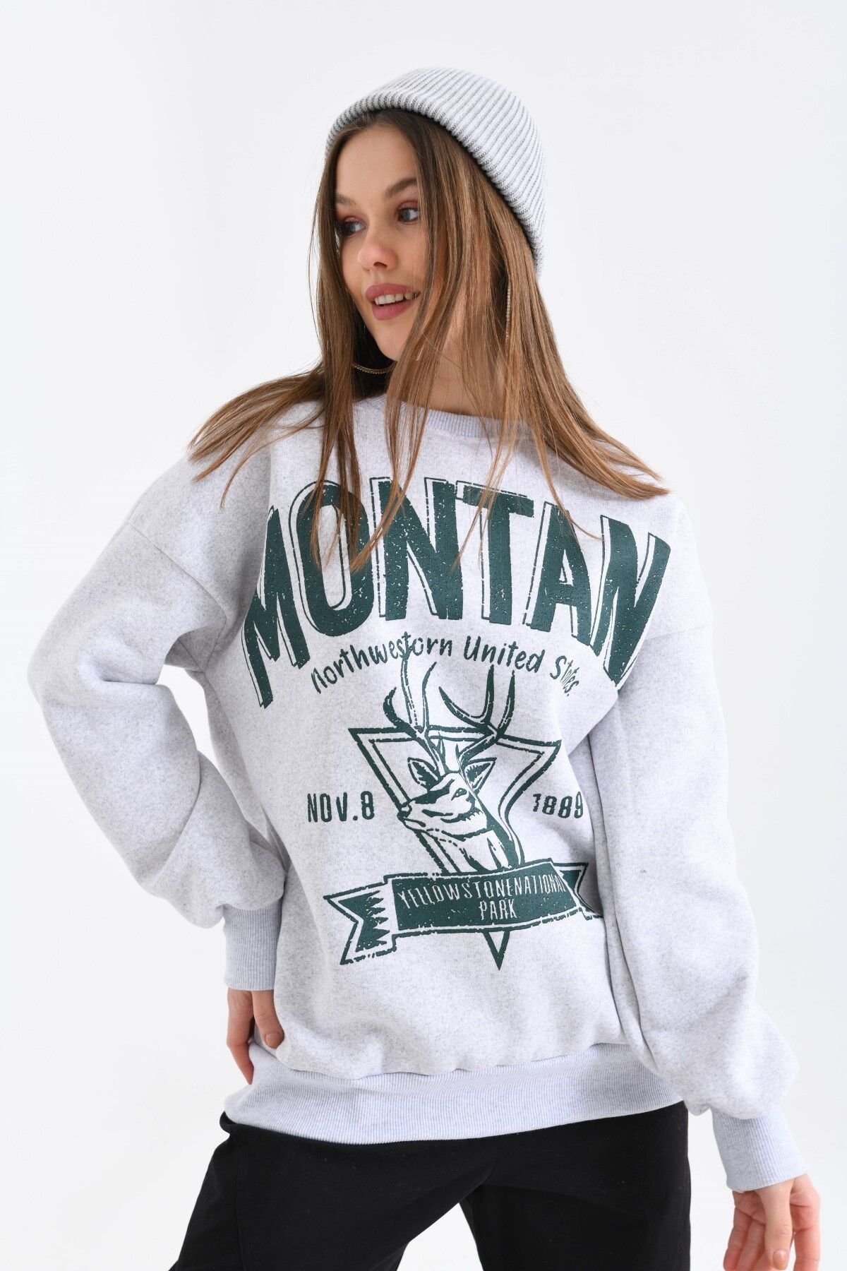 Montana Baskılı 3 İplik Sweatshirt Gri XL