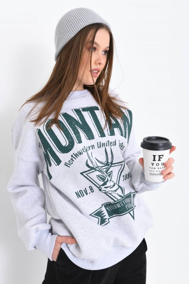 Montana Baskılı 3 İplik Sweatshirt Gri XL