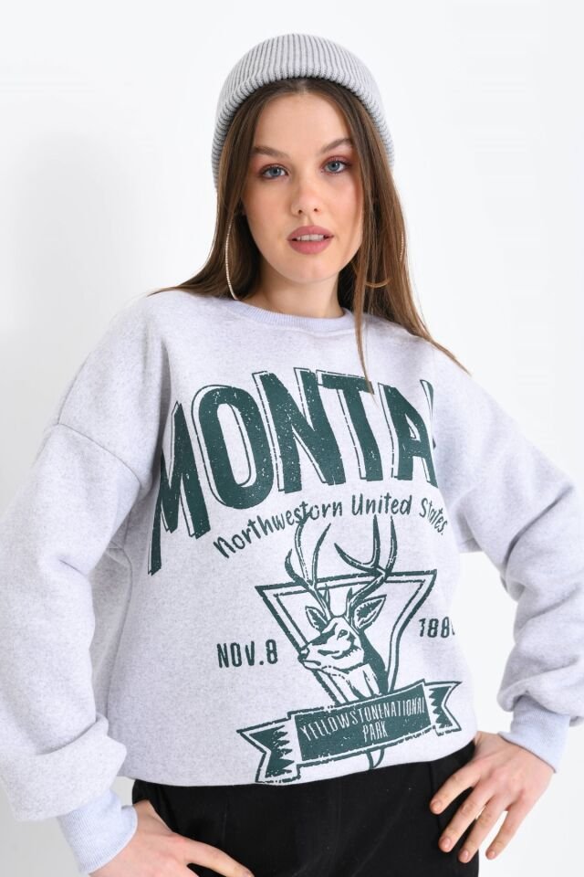 Montana Baskılı 3 İplik Sweatshirt Gri XL