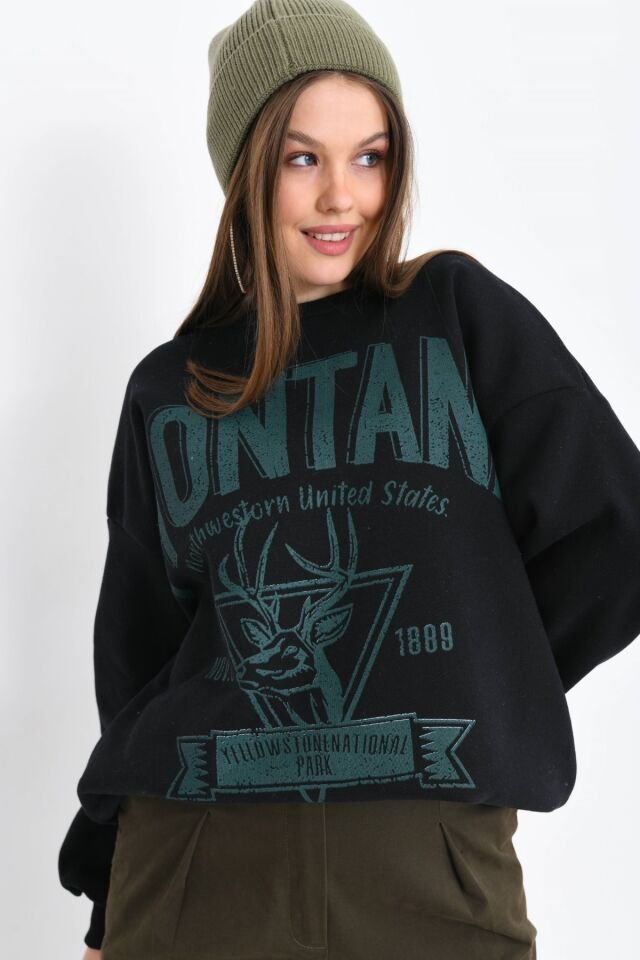 Montana Baskılı 3 İplik Sweatshirt Siyah XL