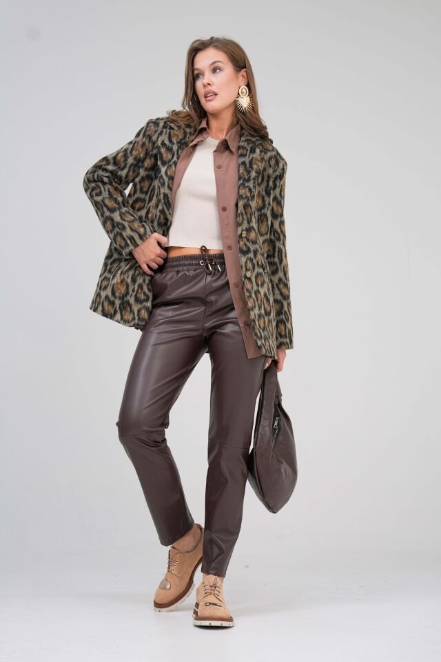 Leopar Desenli Blazer Astarlı Ceket L