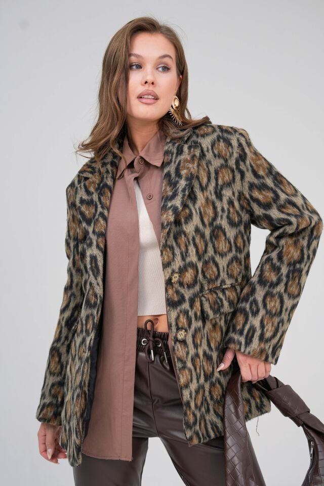 Leopar Desenli Blazer Astarlı Ceket M