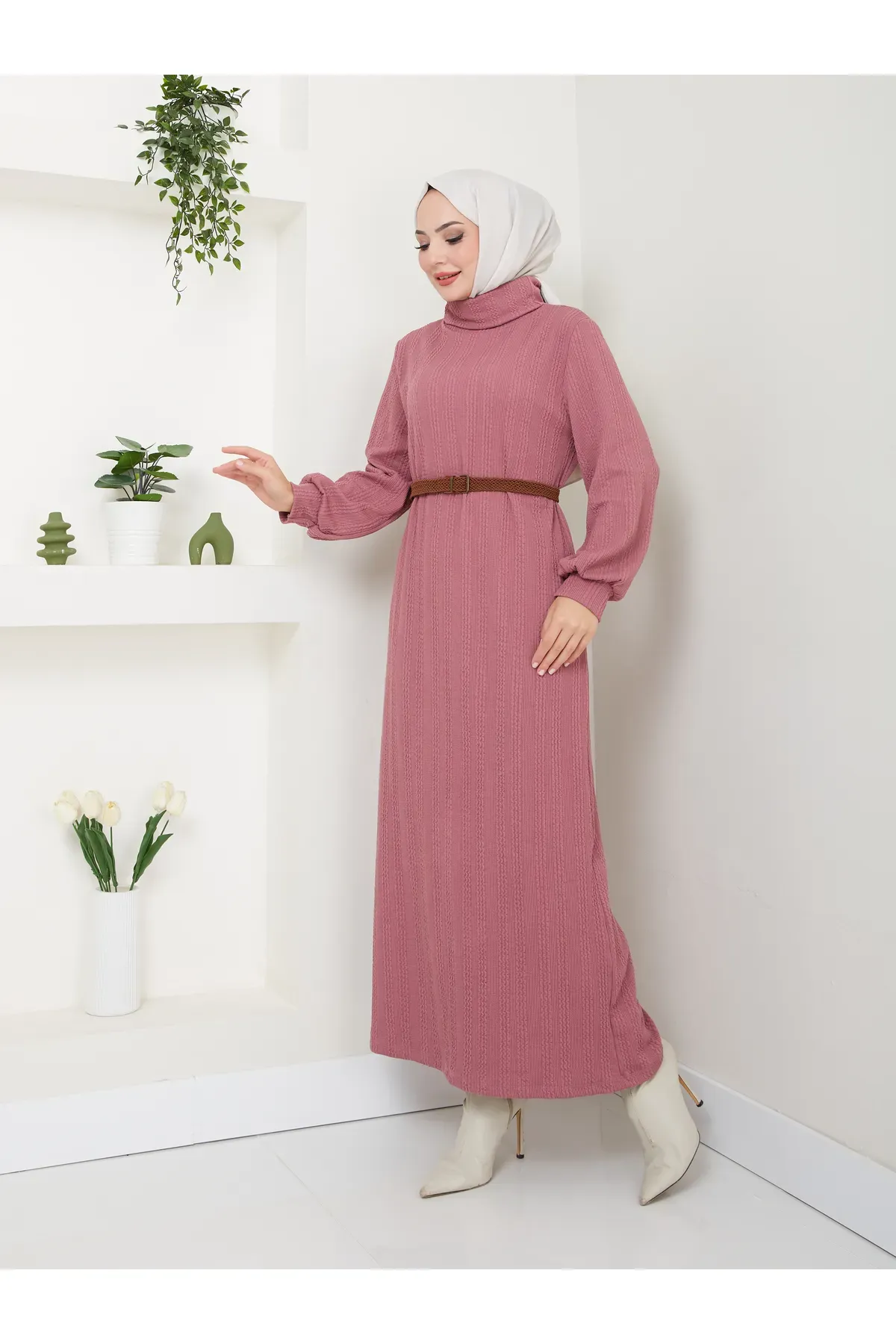 Balıkçı Yaka Elbise  Pembe 2XL