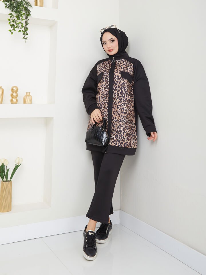 Leopar Deseni Fermuarlı İkili Takım 2XL