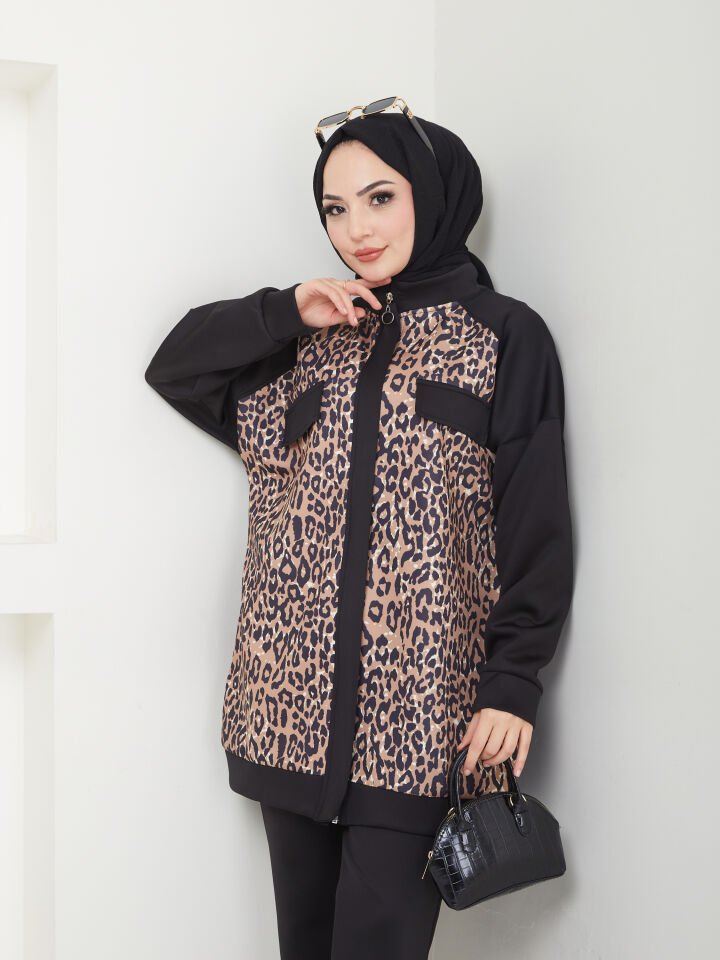 Leopar Deseni Fermuarlı İkili Takım 2XL